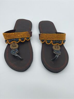 African Handmade Leather Brown with Colorful Beaded Toe-Post Sandals